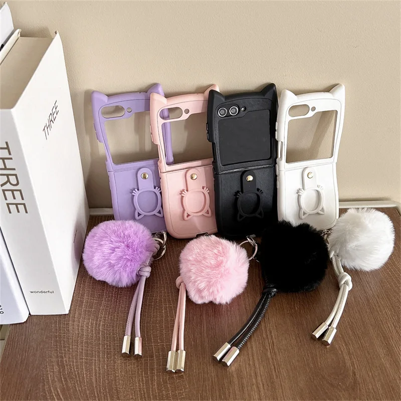 

Plush Ball Lanyard Phone Case for Samsung Galaxy Z Flip 6 5 4 3 Protective Back Cover for ZFlip4 ZFlip5 ZFlip6 Case