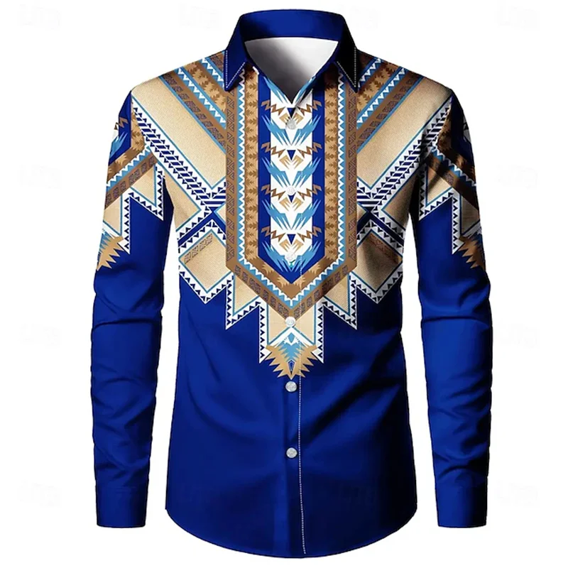 Men's ethnic pattern button down shirt casual formal shirt long sleeve retro vacation daily street summer spring lapel shirt