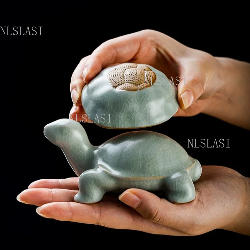 1 set Ru Kiln Celadon Turtle Tea Pet with Crackle Glaze Detachable Shell Incense Burner for Kung Fu Tea Table and Zen Decor