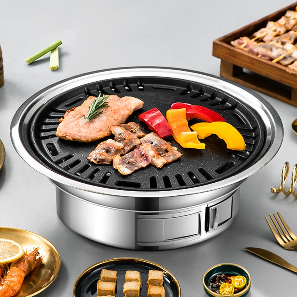 Charcoal Grill Non-stick Korean Barbecue Grill Stove Portable Stainless Steel Outdoor Camping Cooking BBQ Charcoal Grill Stove