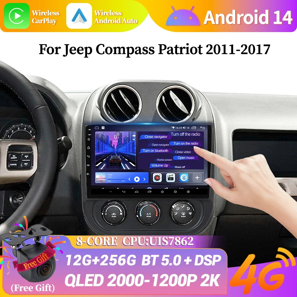 Car Radio Android 14 Player For Jeep Compass Patriot 2011-2017 Navigation 4G GPS Wireless Carplay Bluetooth Touch Screen Stereo