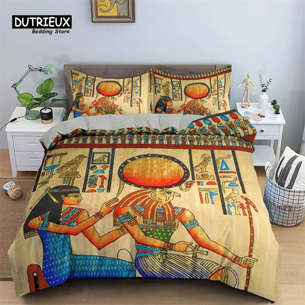 

Egyptian Bedding Set Ancient Egypt Civilization Duvet Cover Set King Microfiber Exotic Retro Tribal Characters Comforter Cover