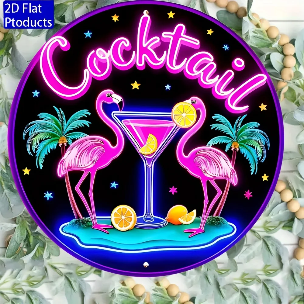 2D Flat Metal Sign - 7.8 Round Neon Cocktail Design with Flamingo & Palm Tree, Bright Pink & Blue, Perfect for Home, Bar, Kitche