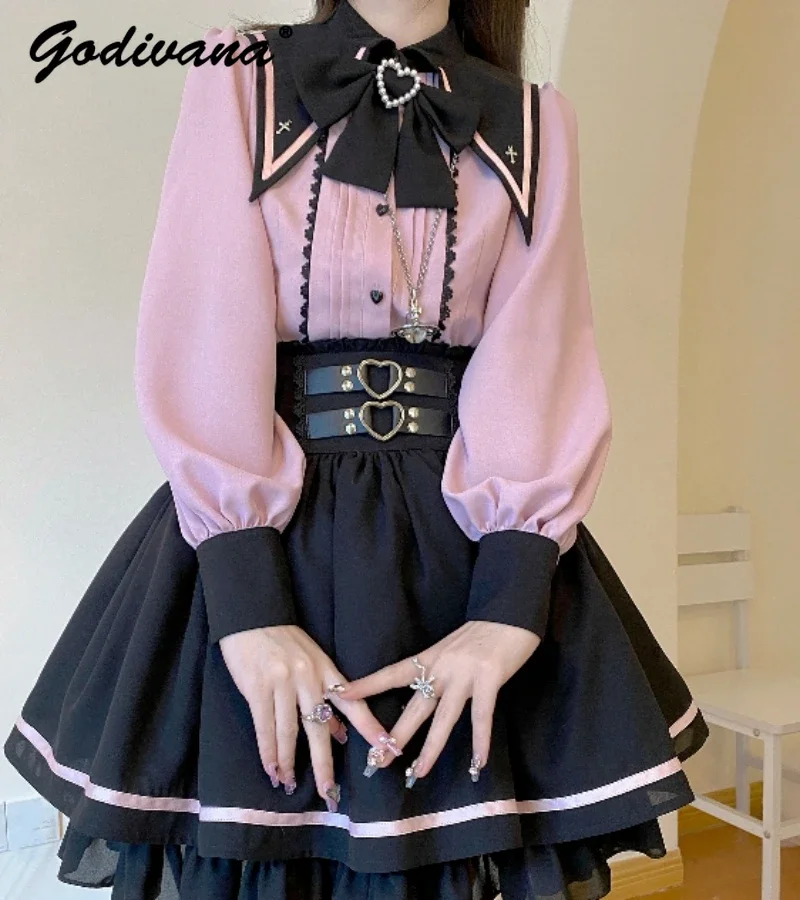 

Original Mine Series Mass-Produced Subculture Black Pink White Shirt Women's Lolita Long Sleeve Bowknot Blouse Sweet Tops