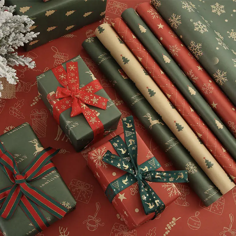 1/6pcs Christmas Wrapping Paper Vintage Kraft Festival Gift Wrap With Xmas Tree Snowflake Patterns Present Packing Decoration