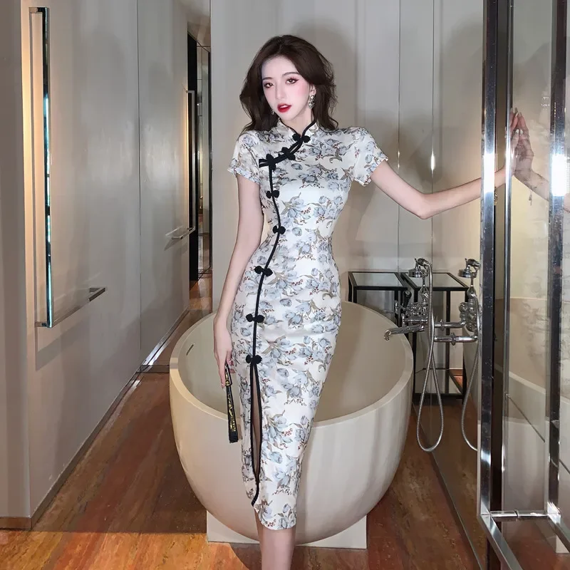 

Lady Chinese Style Flower Print Qipao Women Traditional Retro Vintage Cheongsam Elegant Wedding Evening Dress Bodycon Vestidos