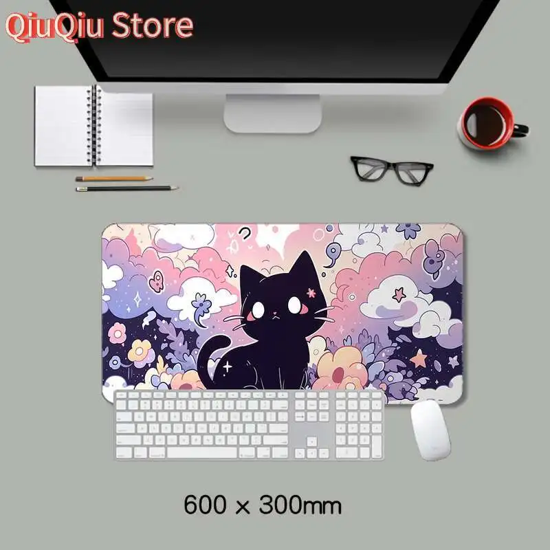 حصيرة مكتب لطيفة على شكل قطة سوداء، لوحة ماوس مضادة للانزلاق على شكل قطة كرتونية، لوحة ماوس ممتدة، لوحة ماوس كبيرة للألعاب بحافة مخيطة، وسادة مكتب #3