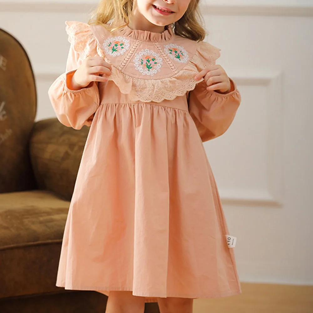 Baby Girl Dress Vintage Floral Embroidery Stand-Up Collar Autumn Clothing For Children Princess Dress Loose Kids Casual Dress