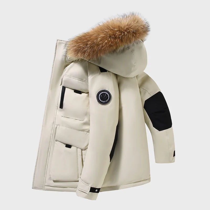 

2025 зимняя новая рабочая одежда, парка, пуховик для пар, мужское модное брендовое пальто с капюшоном в деловом стиле, повседневное белое теплое пальто на гусином пуху