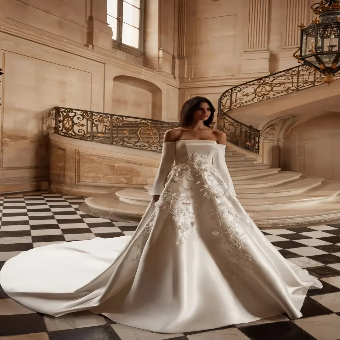 

Customzied Grace Off the Shoulder Wedding Dress Satin 3D Flowers A-Line customized Bride Gown Plus Size Vestido De Novia