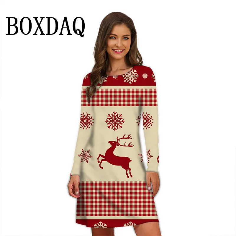 Autumn Winter Women Dresses Christmas Deer Snowflakes Print Dress Woman Party Clothing Casual Long Sleeve Loose A-Line Dresses