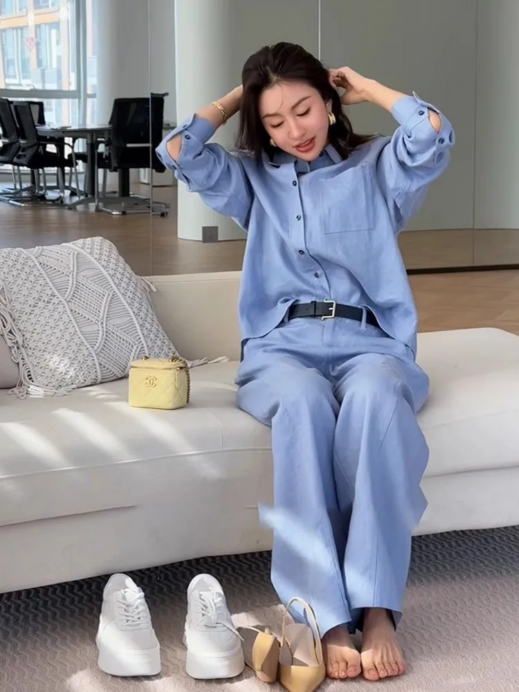 Summer Women Long Sleeve Shirt Wide Leg Pants Two Piece Set Office Lady Cotton Linen Work Outfits Comfortable Matching Suit Sets