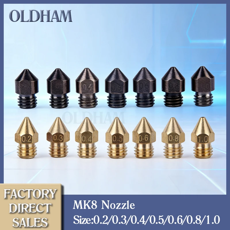 

Oldham High quality Hardened Steel Nozzle MK8 Nozzle Brass 0.2mm-1.0mm Ender-3 Extruder Head Nozzle 3D Printer Accessories