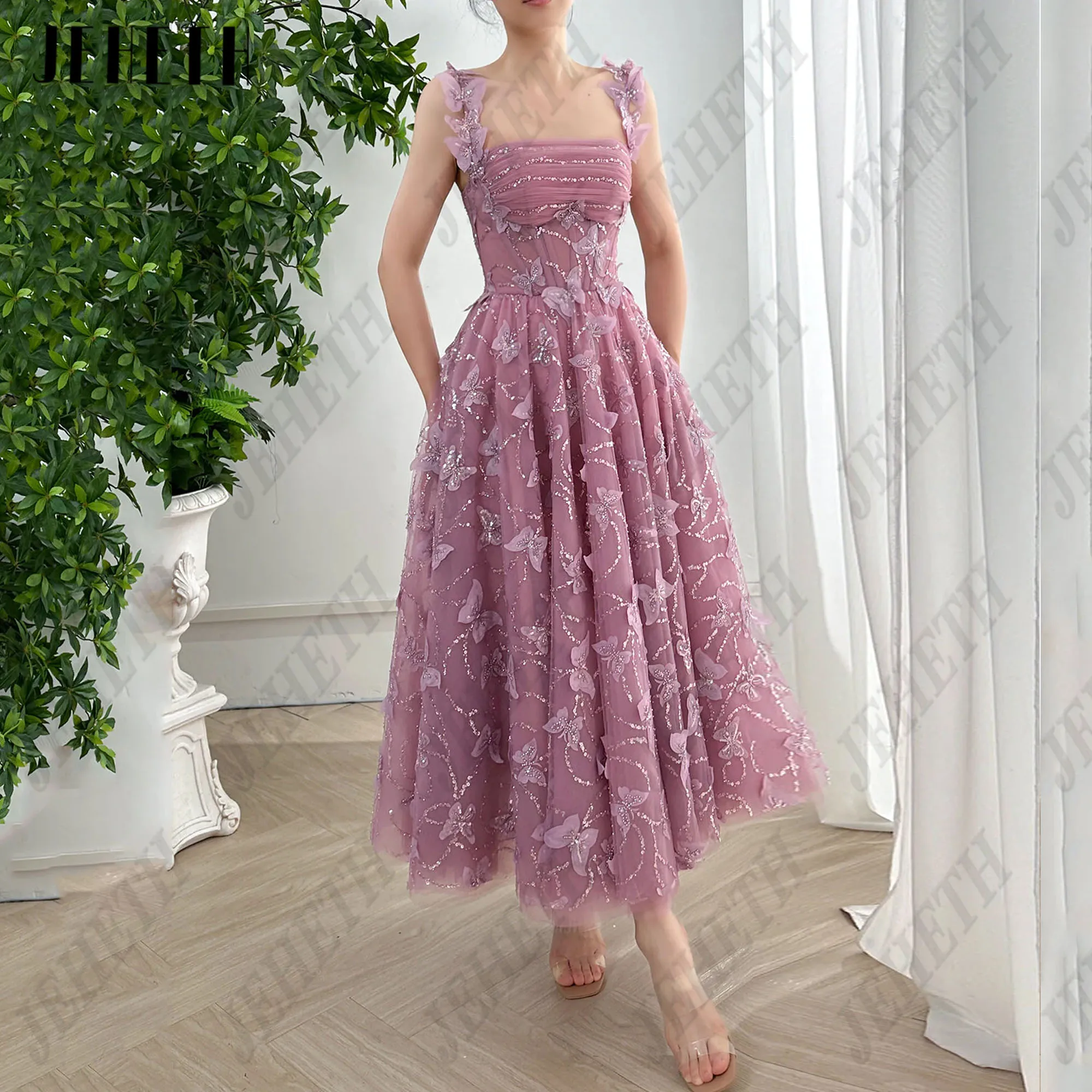 JEHETH Purple Sequin Party Dresses For Woman Straps Butterfly Formal Evening Gown Corset Back A-Line Tulle Prom Dresses 2024