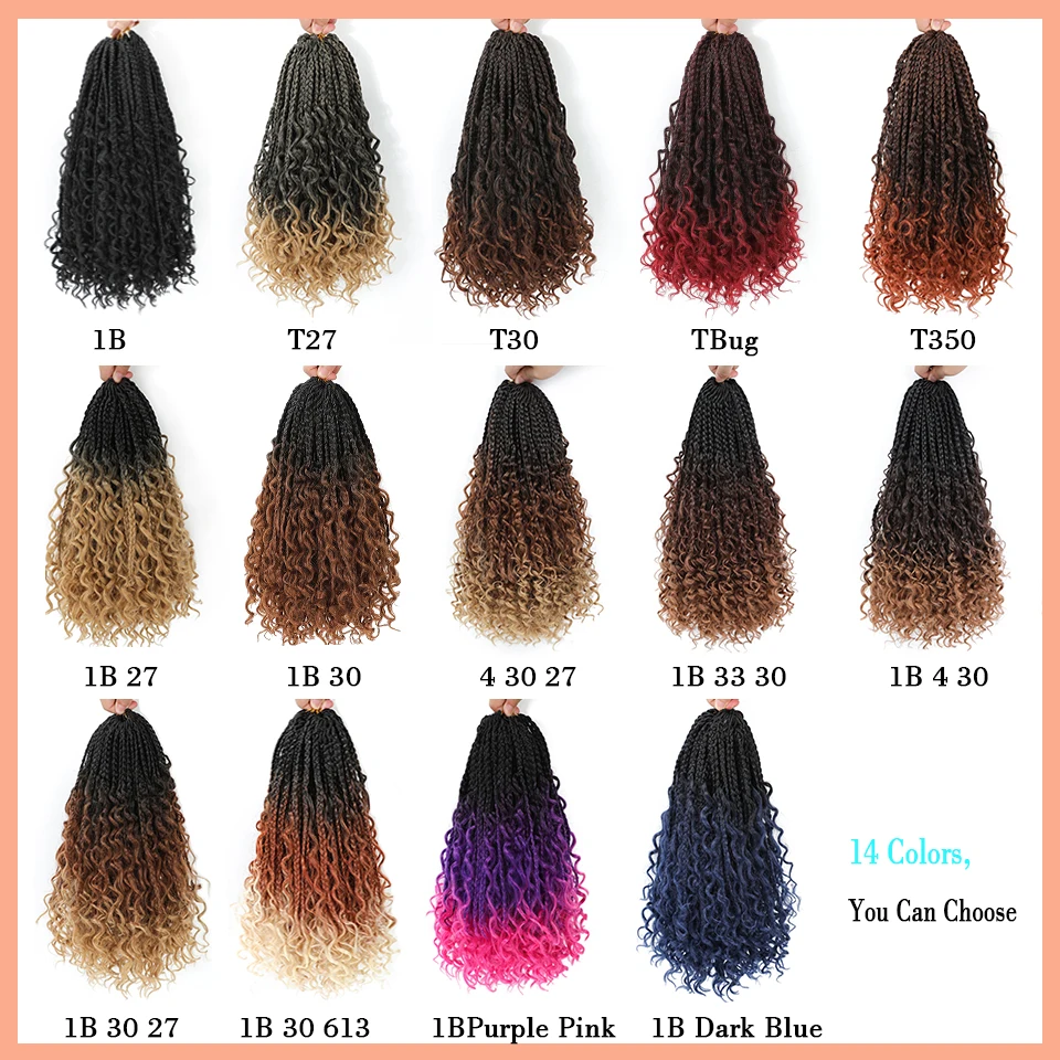1-6 Packs 14 Inch Boho Goddess Box Braids Crochet Hair with Curly Ends Ombre Brown Auburn Bug 16 Colors Soft Net Synthetic Hair