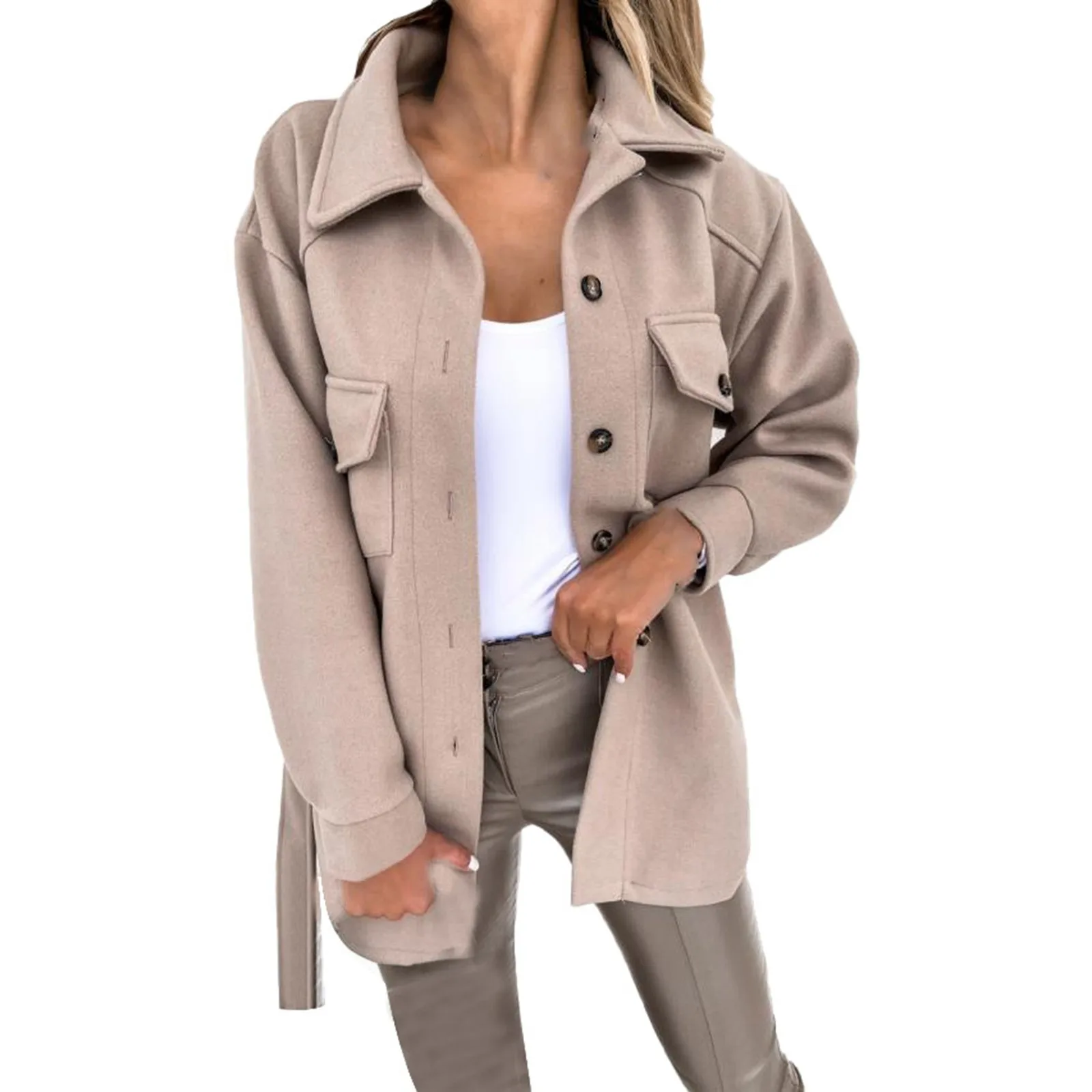 Dames effen kleur trenchcoat met revers, vrijetijdsjack en tailleriem, wollen overjas, warme wollen winterjassen voor dames