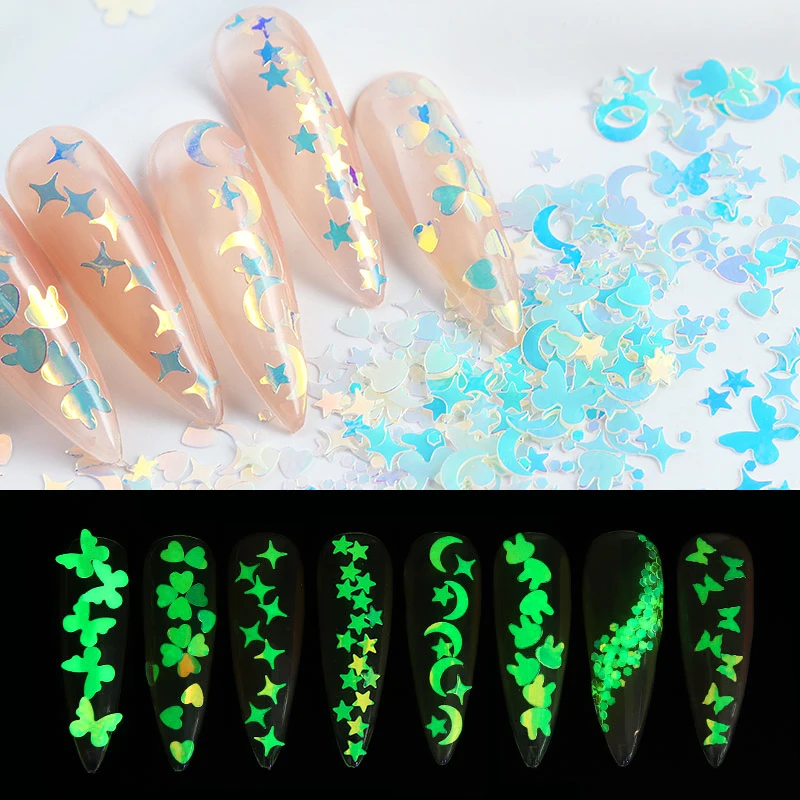 

Luminous Stars Moon Nail Sequins Loose Glitter Green Brighten Butterfly Rabbit Paillettes Nails Art Decorations For Women Girls