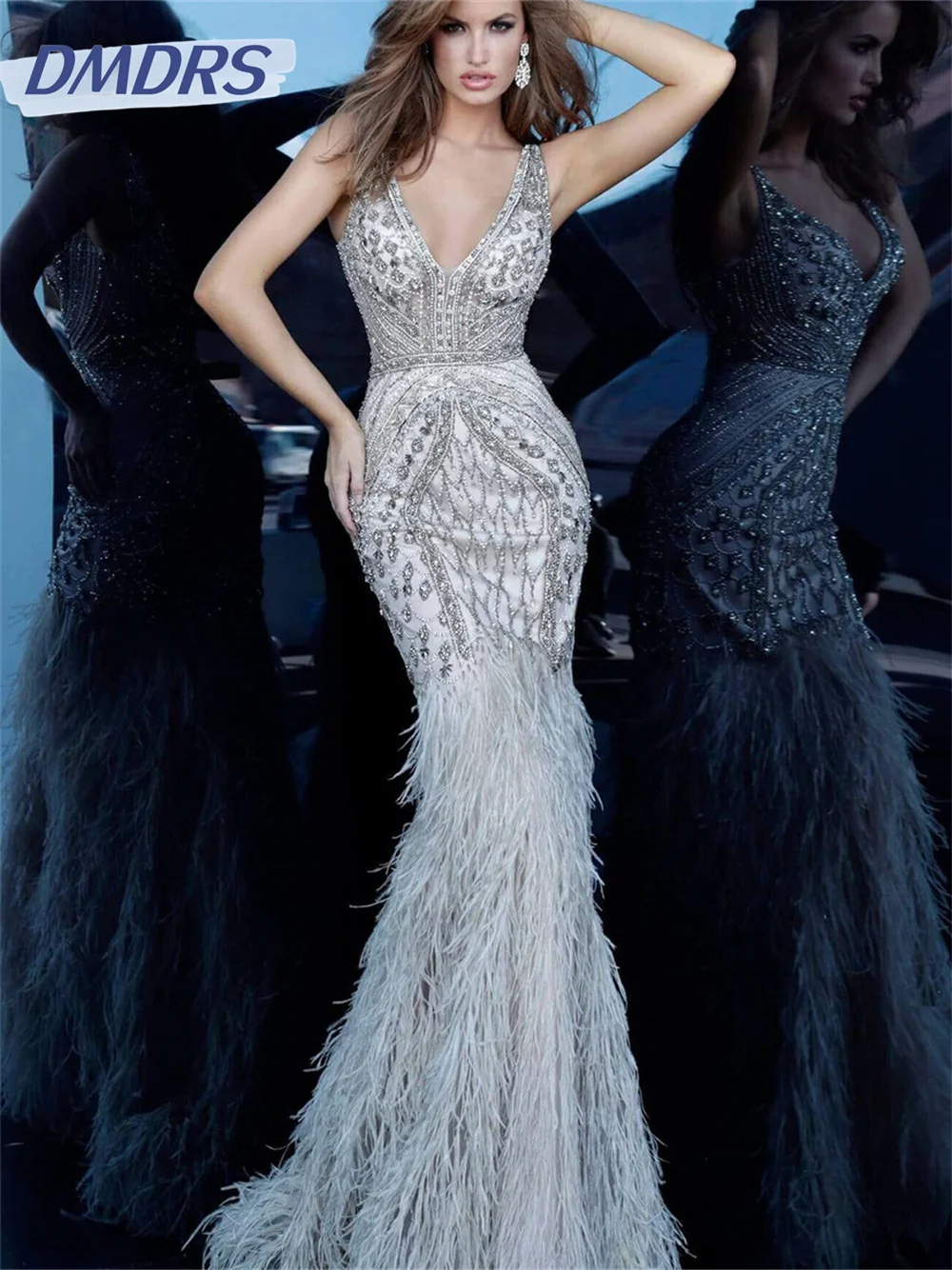 Elegant Feather Mermaid Evening Gown 2024 Sexy Deep V Neck Dress Classic Beaded Sequin Gowns Vestidos De Novia