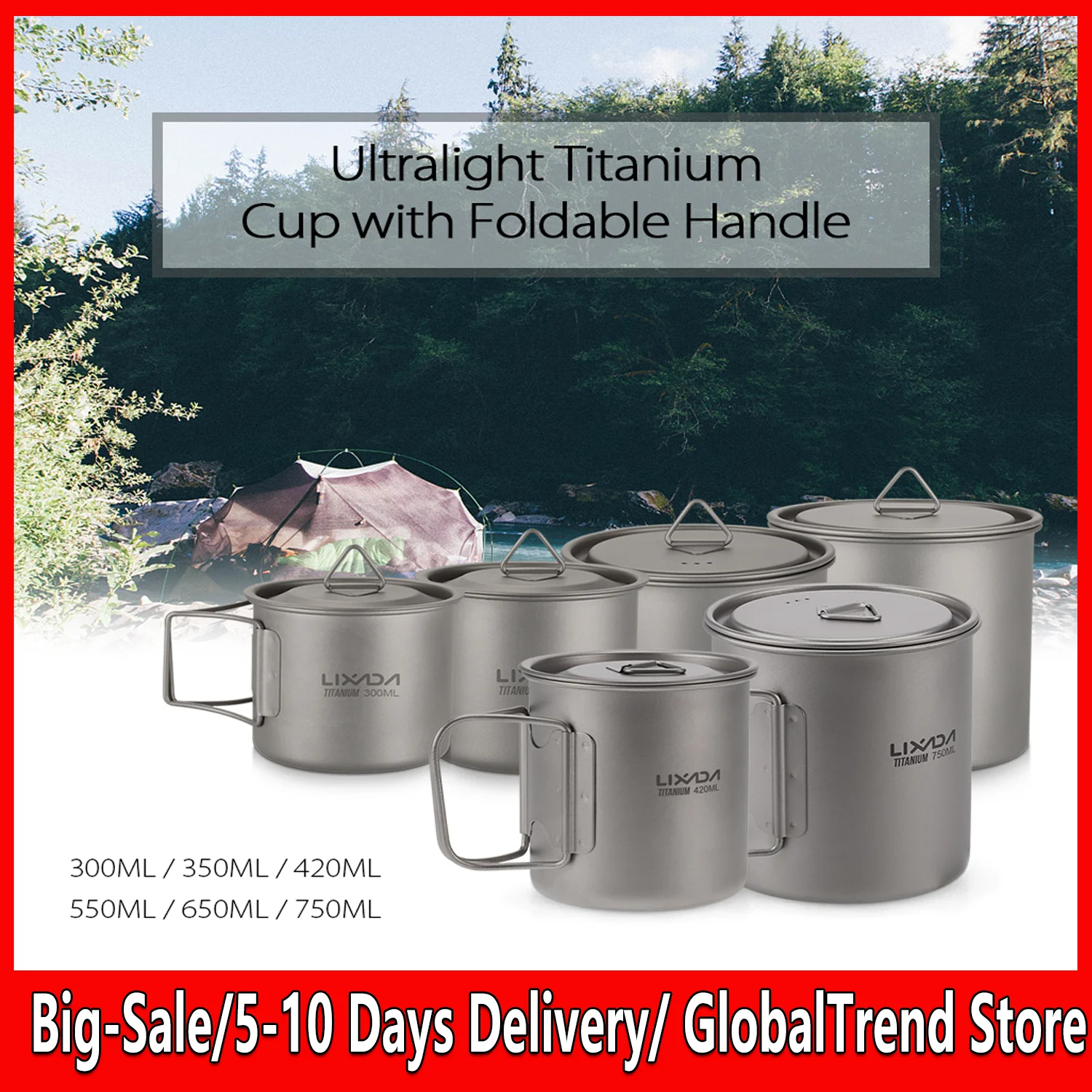 Lixada 300ml / 450ml / 550ml / 650ml/750ml Ultralight Titanium Cup Water Cup Mug with Foldable Handle Portable Camping Picnic