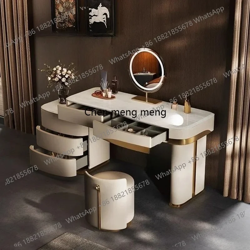 

Роскошный белый туалетный столик RR с мраморной столешницей, итальянскими ящиками, круглым зеркалом и современным дизайном для хранения (Penteadeira De Maquiagem Furnitu)