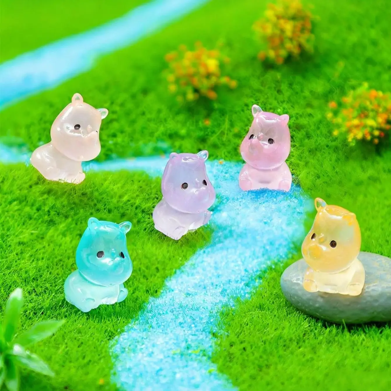 Figurines de rhinocéros lumineuses en résine, 20/50 pièces, décor lumineux dans la nuit, pour cadeau d'anniversaire de saint-valentin, jardin féerique