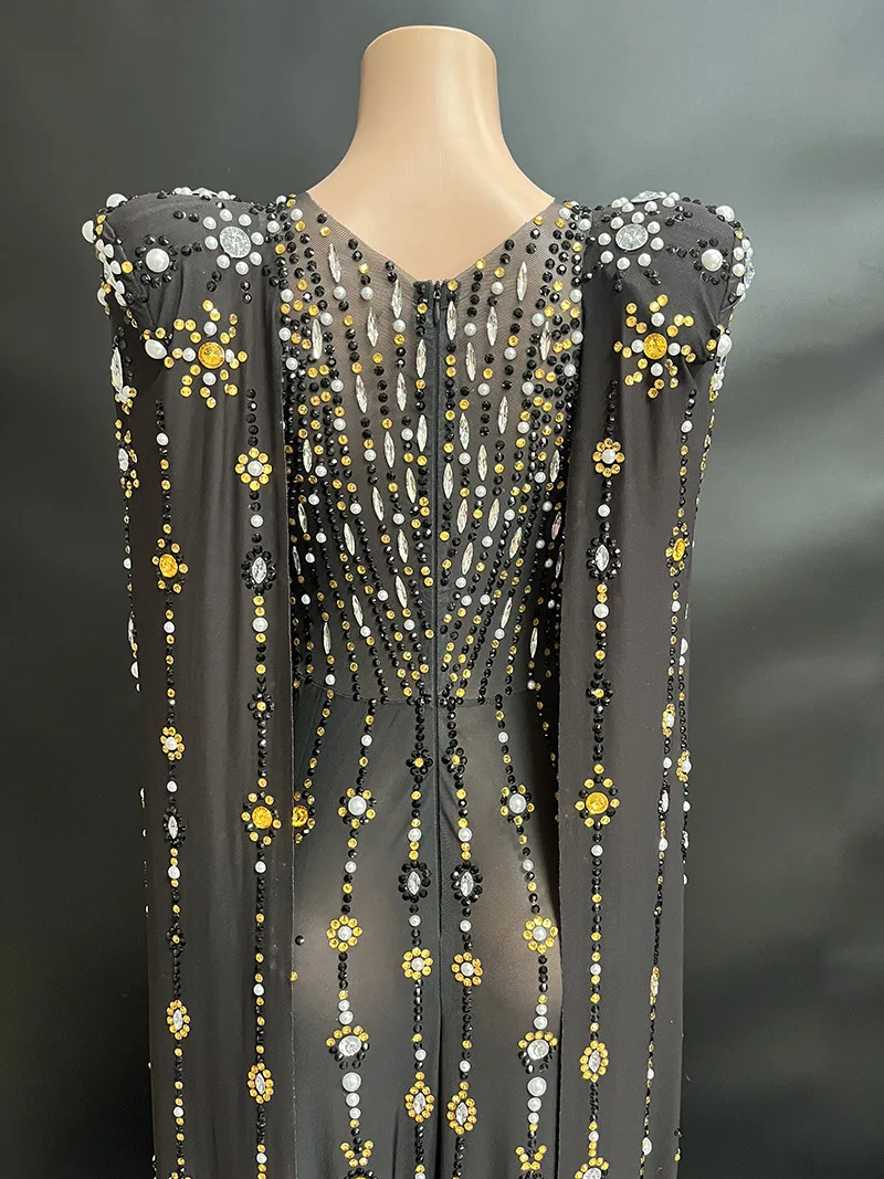 Birthday Party Stage Performance Long Sleeve Shiny Diamond Black Ladies Sexy Mopping Evening Dress Women's Evening Festive Dress