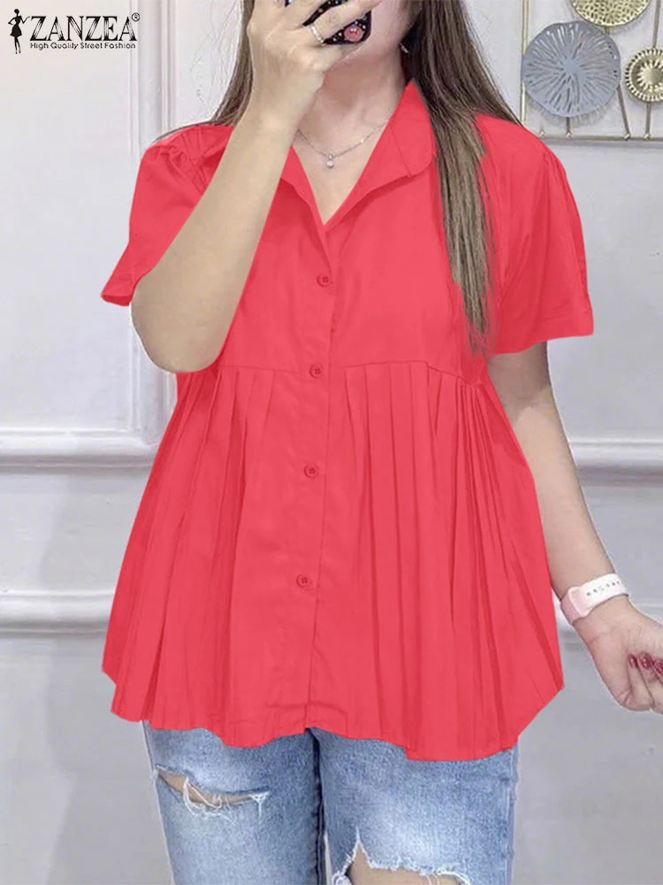 

Fashion Women Shirt ZANZEA Summer Office Shirts Women Lapel Neck Short Sleeve Tops Solid Pleated Blouse Female OL Work Blusas