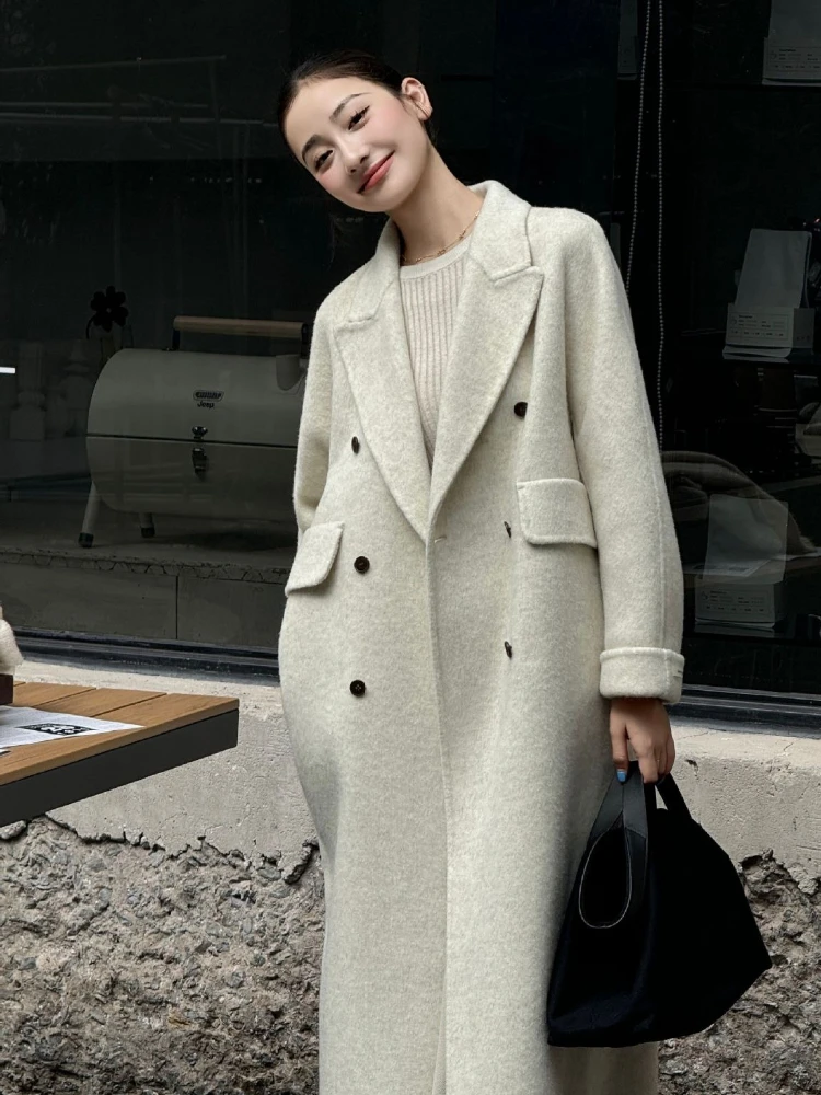 مكتب سيدة السترات الصوفية 2025 الخريف والشتاء دعوى طوق مزدوجة الصدر فضفاضة معطف طويل المرأة 100% الصوف معاطف أبلى #5