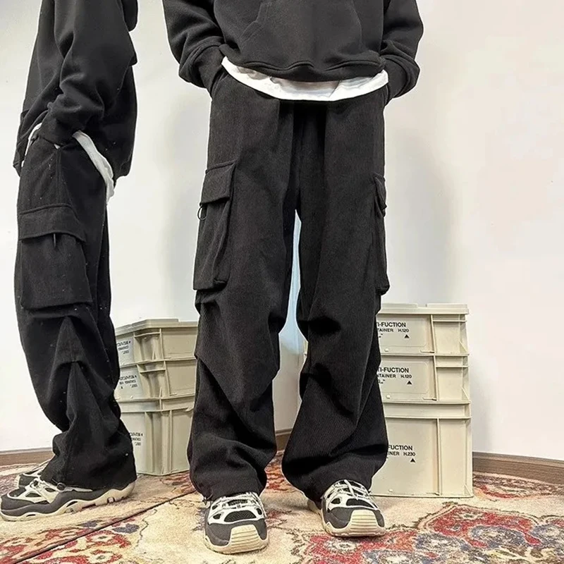 コーデュロイカーゴパンツ レディース Y2K ハイウエスト ストリートウェア ルーズ マルチポケット スウェットパンツ ビーフィット ヒップホップ カジュアル ストレートパンツ