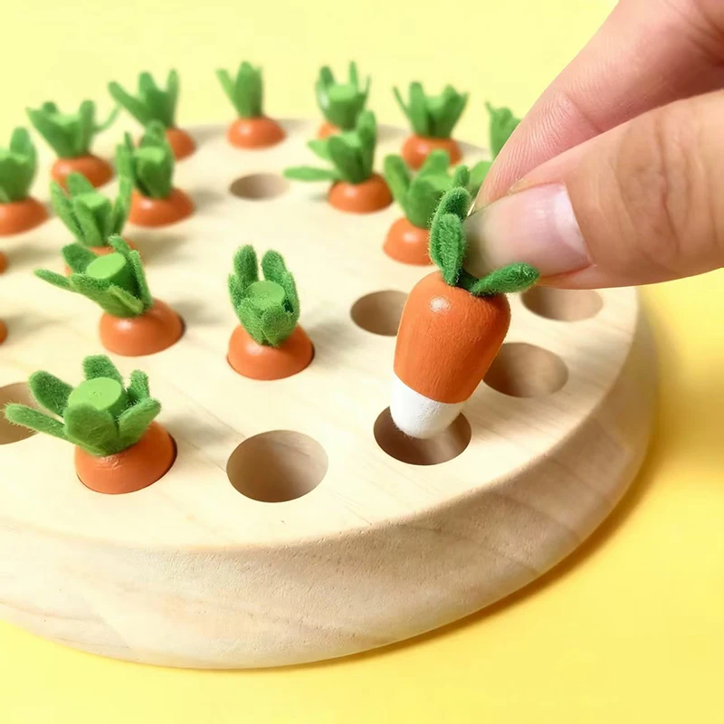 Drewniana gra w szachy w kształcie marchewki z kolorową planszą i układanką. Zabawka edukacyjna Montessori do rozwijania zdolności poznawczych