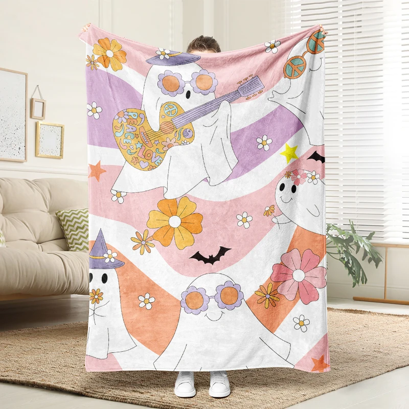 

Vintage Ghost Pattern Flannel Blanket Soft Plush Cozy Sofa Bed Decor Gift
