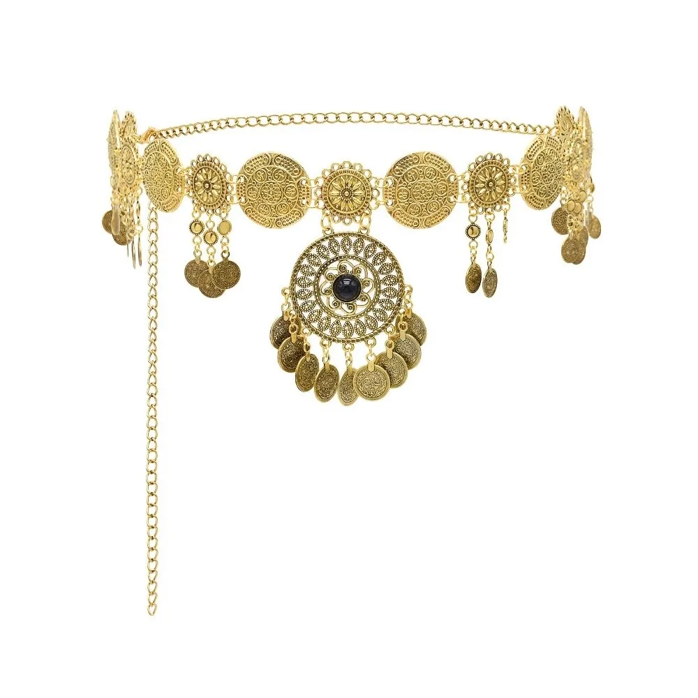 Retro Vintage Münzgürtel mit langen Quasten, Bauchtanzgürtel, gold-silberfarben, geschnitzte Blumen, Körperkette im Ethno-Stil – Detail 6