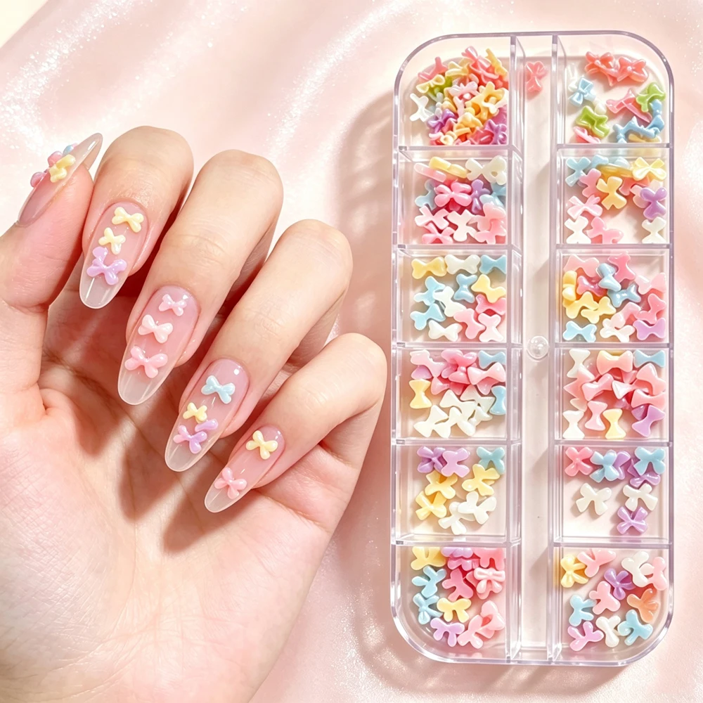 1box Candy Color Mini Bow Nail Decoration Mixed Size Flat-back Sheer Bowknot Nail Rhinestone Macaron Jelly Bow Manicure Supplies
