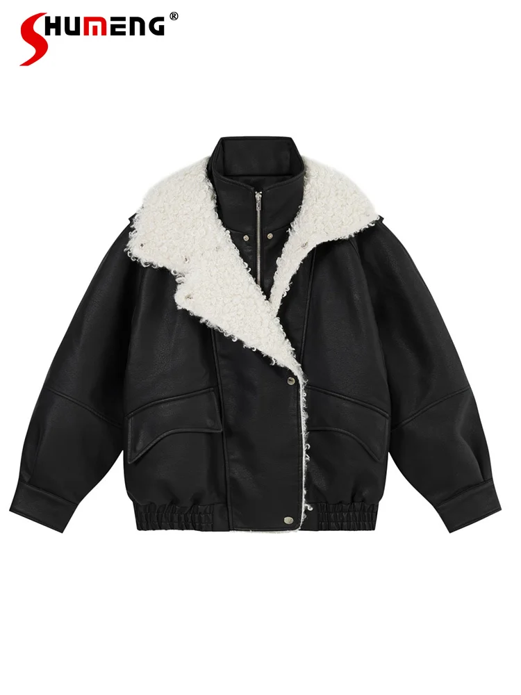 

Fashion Retro PU Leather Lamb Wool Lapel Jacket Parkas Men Women 2025 Winter New Loose Thickened Warm Tops Couple Trendy Parkas