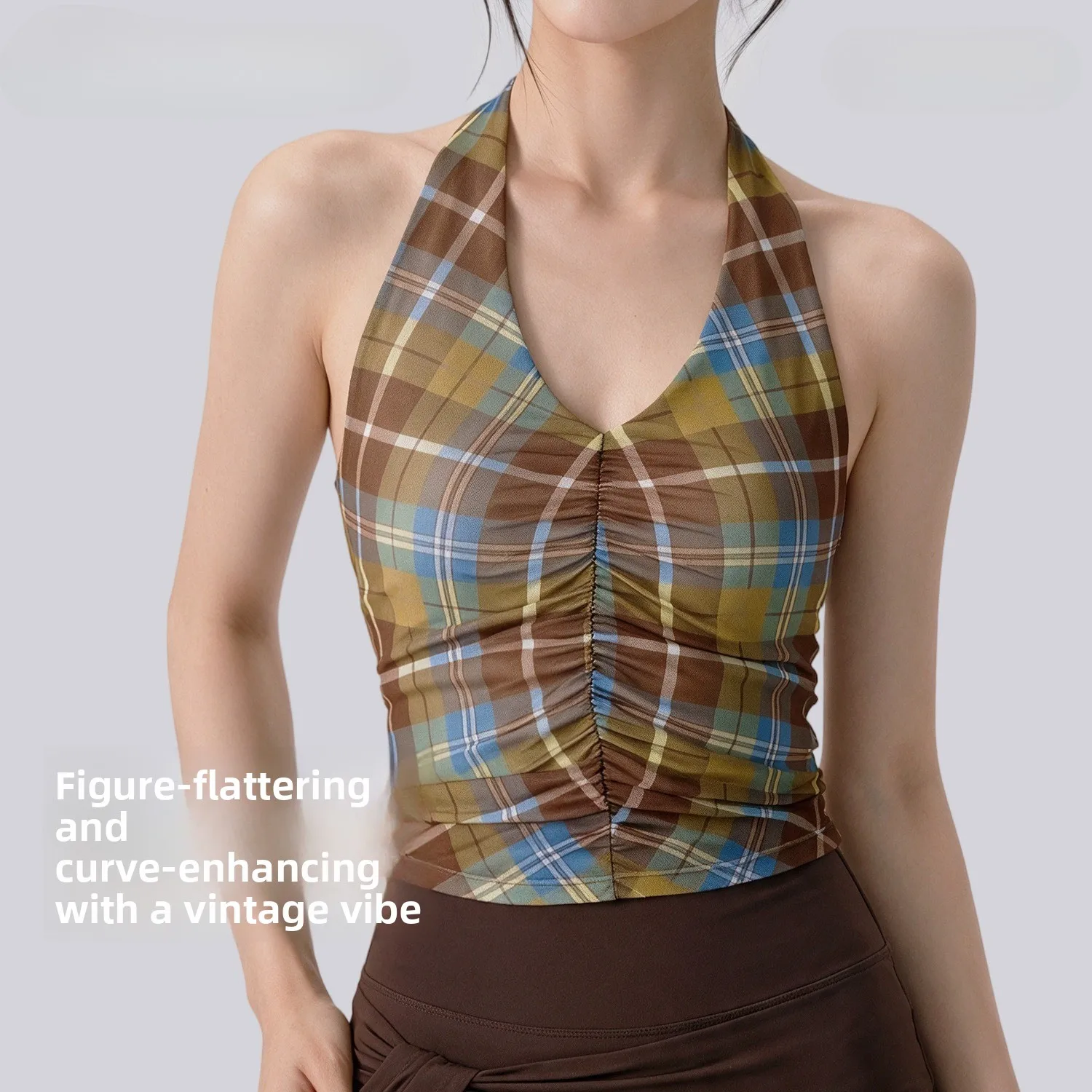 Hanging Neck Top, Vest, Fixed Cup, Printed Sports Suspender, Front Middle Fold, Slim Fit, External Fitness Vest for Women