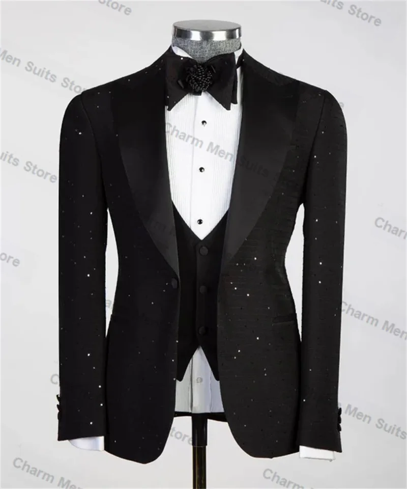 

Luxury Black Beaded Men Suits Set Custom Made 3 Piece Blazer+Vest+Pants Cotton Jacket Office Formal Wedding Tuxedo Prom Coat