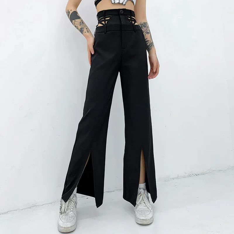 

2023 Fall Women Full Length Black Casual Pants High Elastic Waist Loose Solid Hollow Out Split Flared Leg Trouser Streetwear