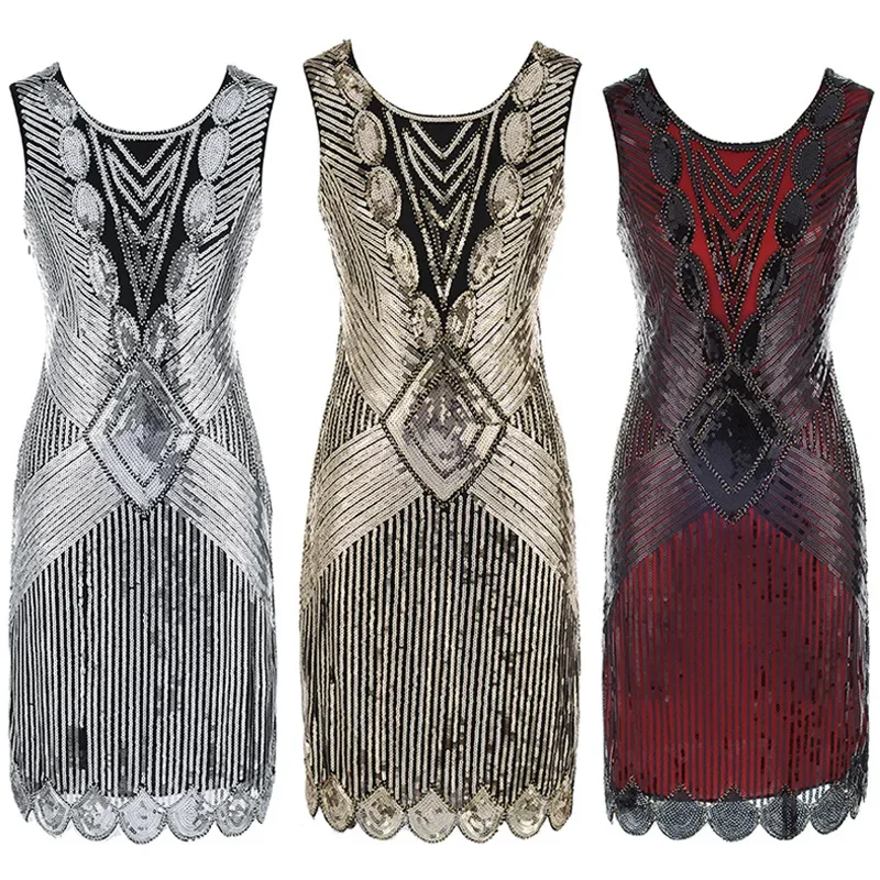 

Women Vintage Sheath Dress Embroidery Flapper Gatsby Dress O-Neck Sleeveless Sequin Midi Evening Party Vestidos Dresses