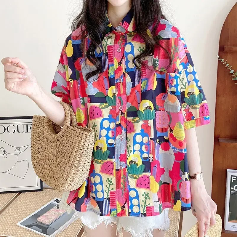 Women Summer Korean Loose Fashion Printing Doll Collar Short Sleeve Shirts Women Clothes Casual All-match Appear Thin Trend Tops