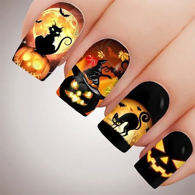 

24Pcs Long Square Press on Nails - Halloween Design with Glow Yellow Pumpkin, Black Furry Bats and Black Pumpkin Hat