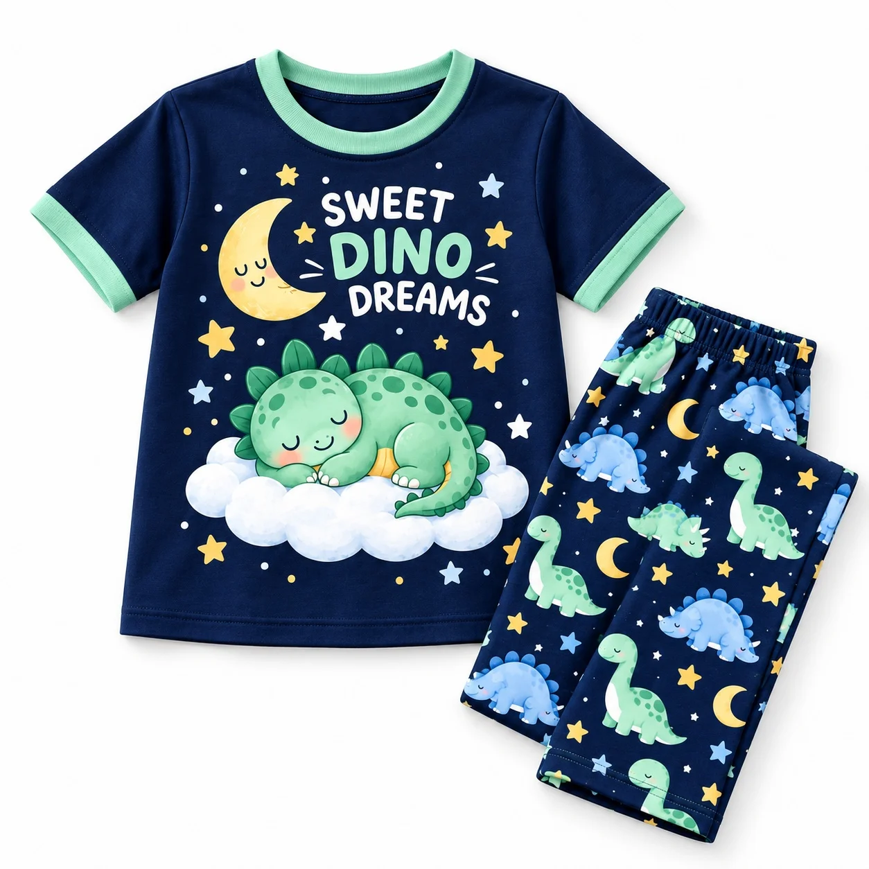 Kids Boys Girls Sweet Dino Dreams Outfit Set Sleeping Dinosaur Moon Star Print Short Sleeve T Shirt Long Pants Casual Clothes view 5