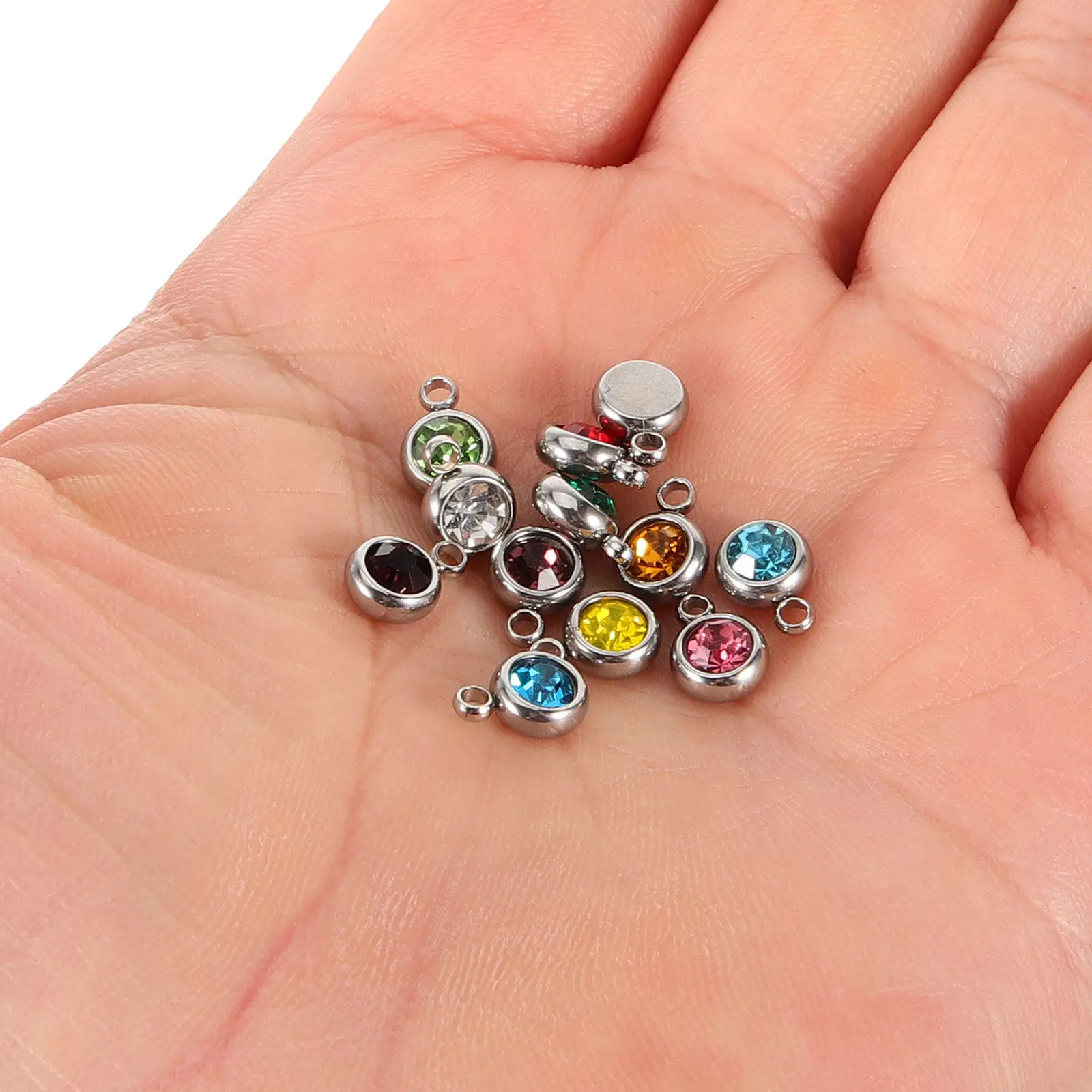 

12Pcs Birth Stone Pendants Hanging Stainless Steel Rhinestone Charms DIY Jewelry Crafting Accessories for Bracelet Necklace