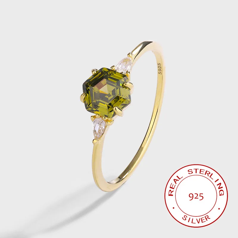 

Temperament Elegant Luxury 925 Sterling Silver Women Rings Geometric Olive Green Zircon Thin Tail Ring 18K Gold Plated Jewelry