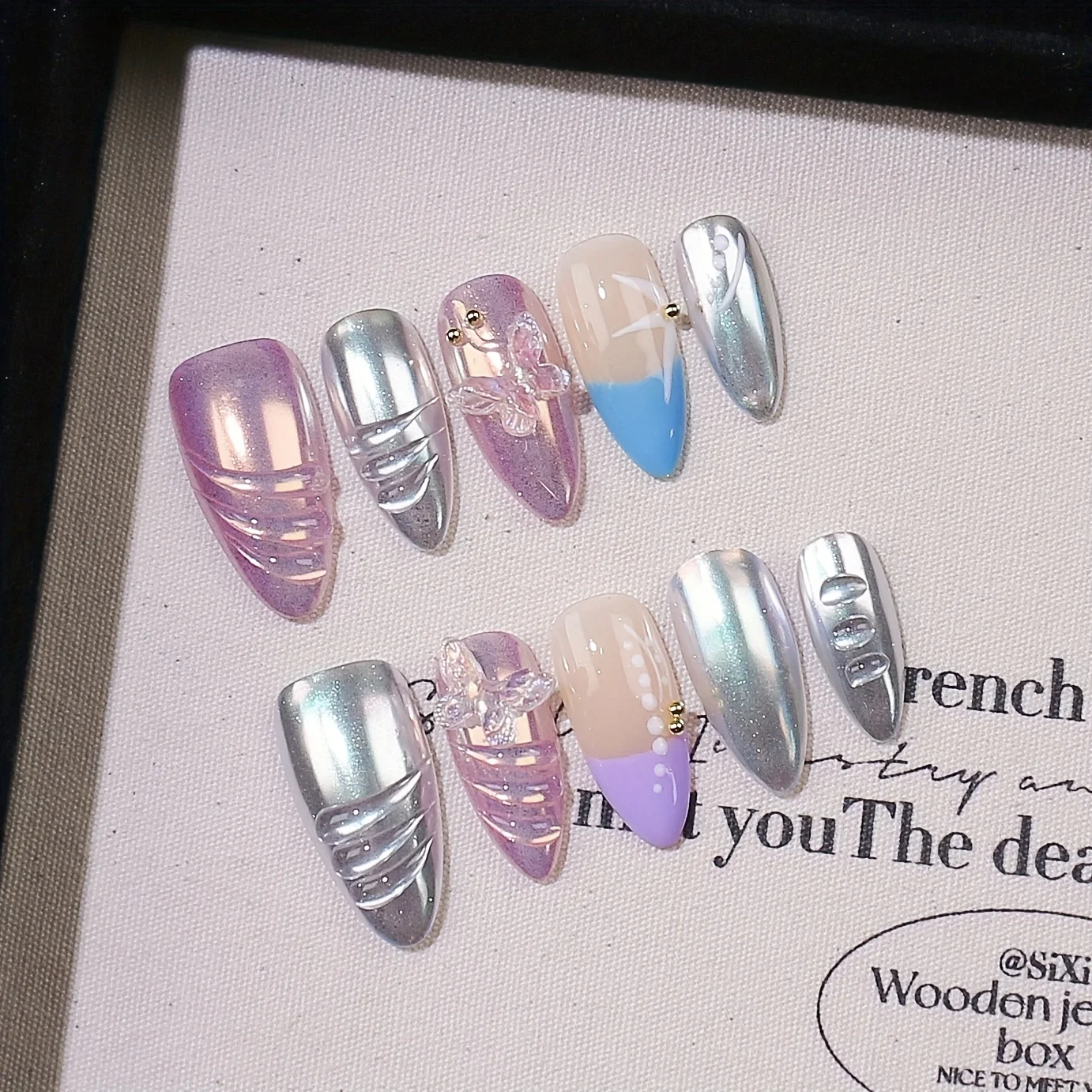

10pcs Handmade Press on Nails 3D Butterfly Blue French Starfish Fake Nail Short Almond Detachable Wearable Nail for Women&Girls