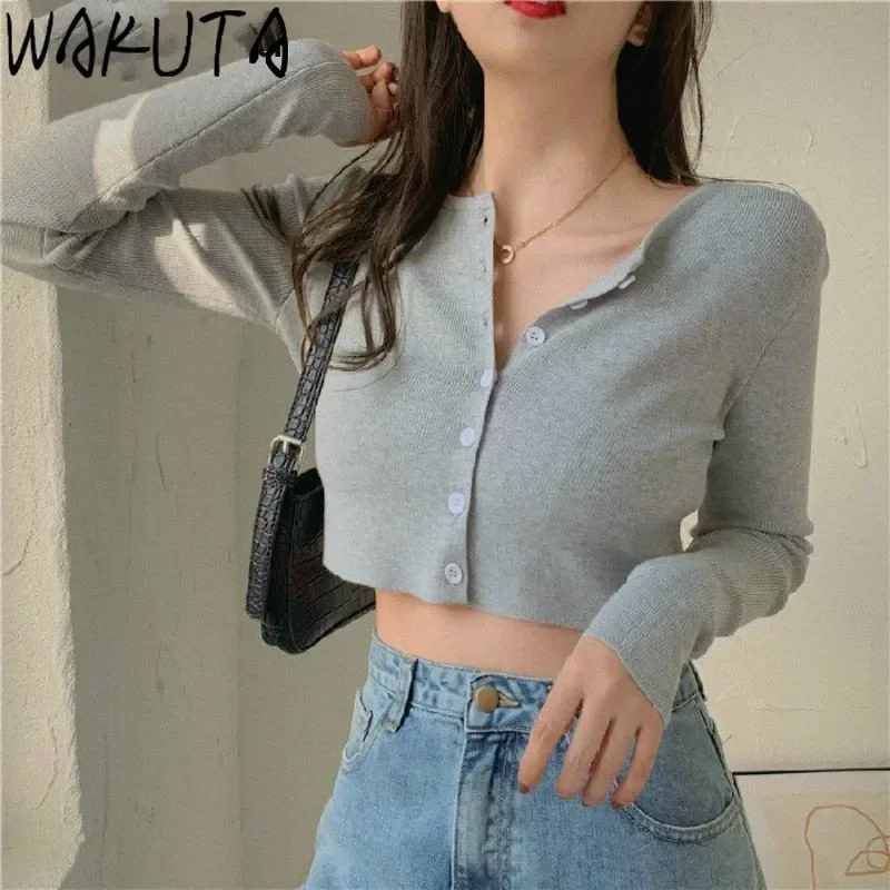 WAKUTA Women Thin Knitted Cardigan Korean O-neck Short Knitwear Fashion Short Sleeve Sun Protection Crop Top Ropa Mujer 6B082