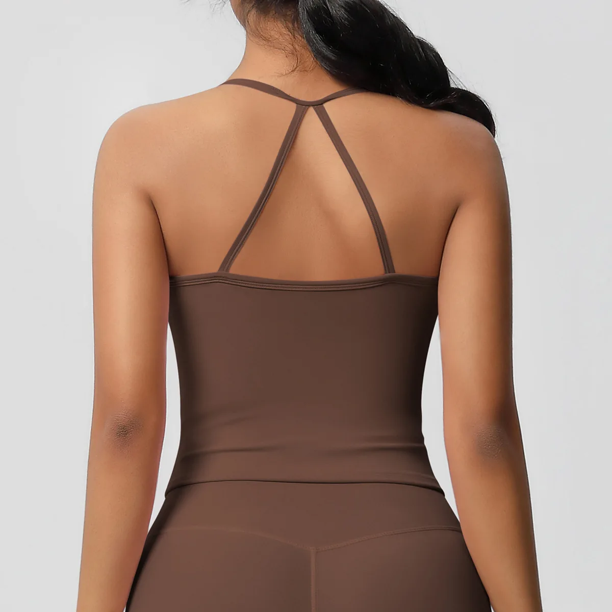 Einteilige Brustpolsterveste, doppelseitig mit Fell, einfarbig, eng anliegender Rücken, lange Sport-Lingerie, Lauf-, Fitness- und Yoga-Anzug für Frauen. – Detail 8