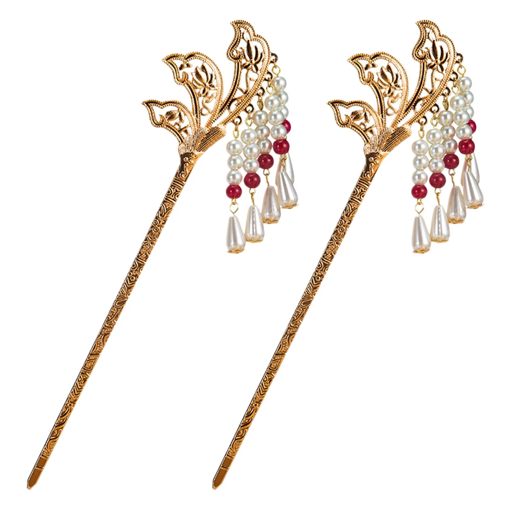 

2 шт., заколка для волос в китайском стиле, аксессуары для волос, держатель для булочки, синтетический жемчуг, вилка лотоса, заколка с кисточкой, винтажная элегантная заколка