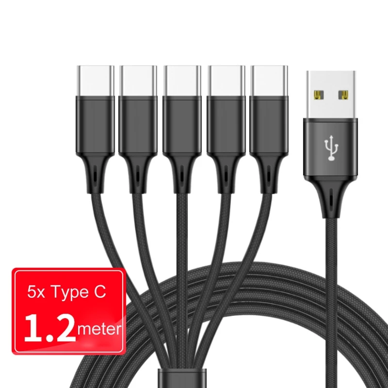 Multi Charging Cable Nylon Braided Universal 3/4/5 in 1 Multiple Ports USB Fast  Cord with Type C Connector