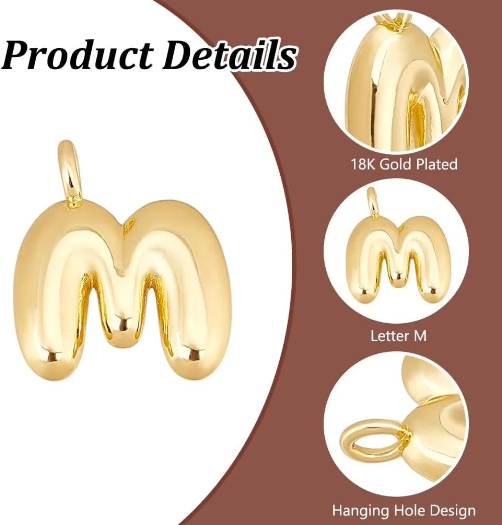 18K Gold Plated Letter Charms Bubble Letter M Pendant Charm for Earring Bracelet Necklace Name Personalized Jewelry making kit