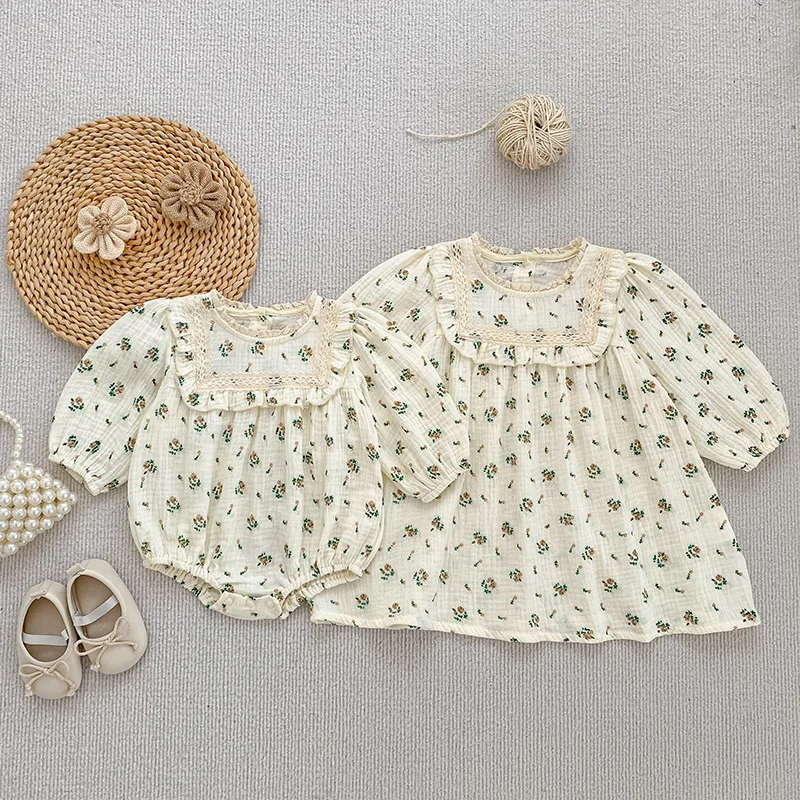 2025 Newborn Baby Girl Sister Outfit Korean Style Floral Print Long Sleeve Romper with Lace Trim Infant Girls Casual Party Dress